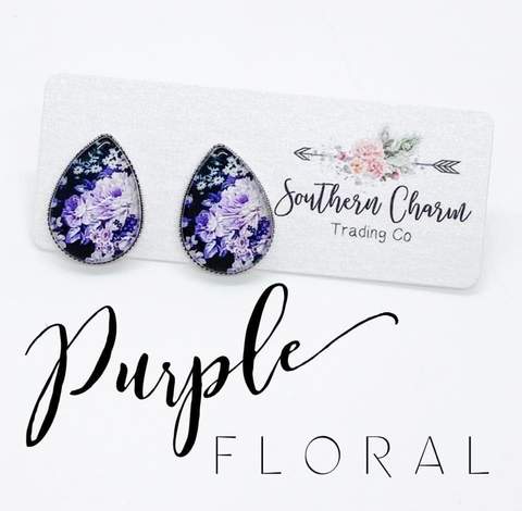 Purple Floral Teardrop Studs
