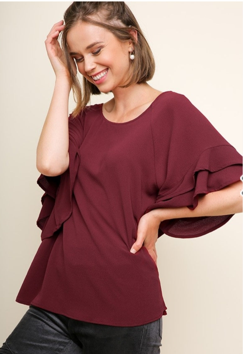 Burgundy Layered Ruffle Sleeve Top