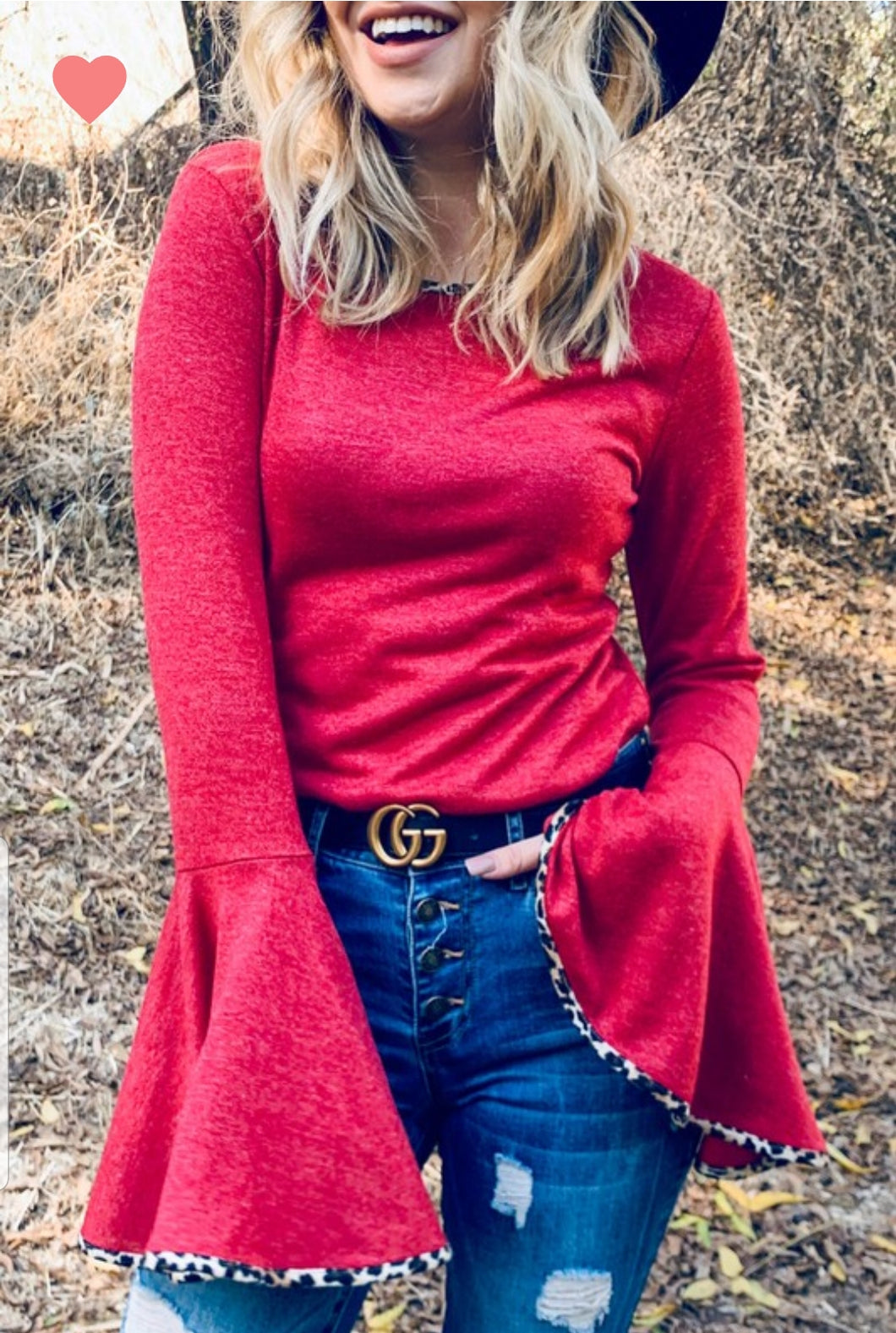 Red Leopard Bell Sleeve Top