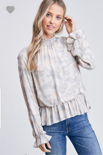 Camo Ruffle High Neck Top