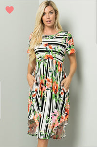 Orange Floral & Stripes Midi Dress