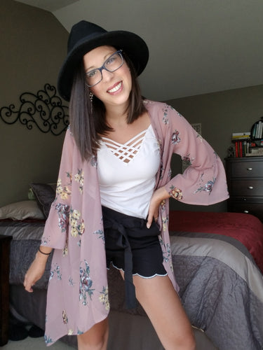 Mauve Floral Bell Sleeve Kimono