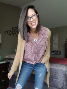 Mauve Plaid Button-Up Top