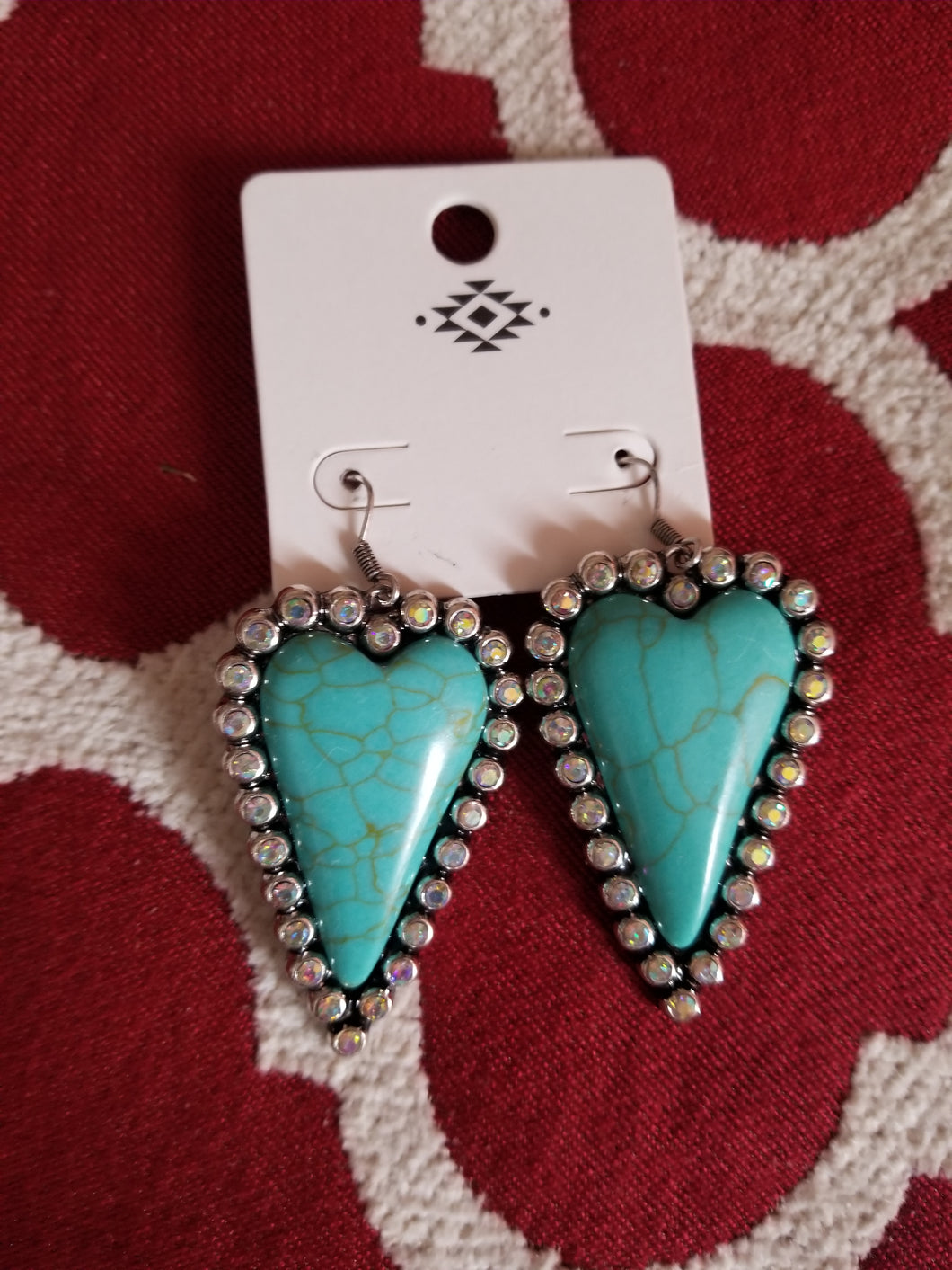 Turquoise Rhinestone Heart Earrings