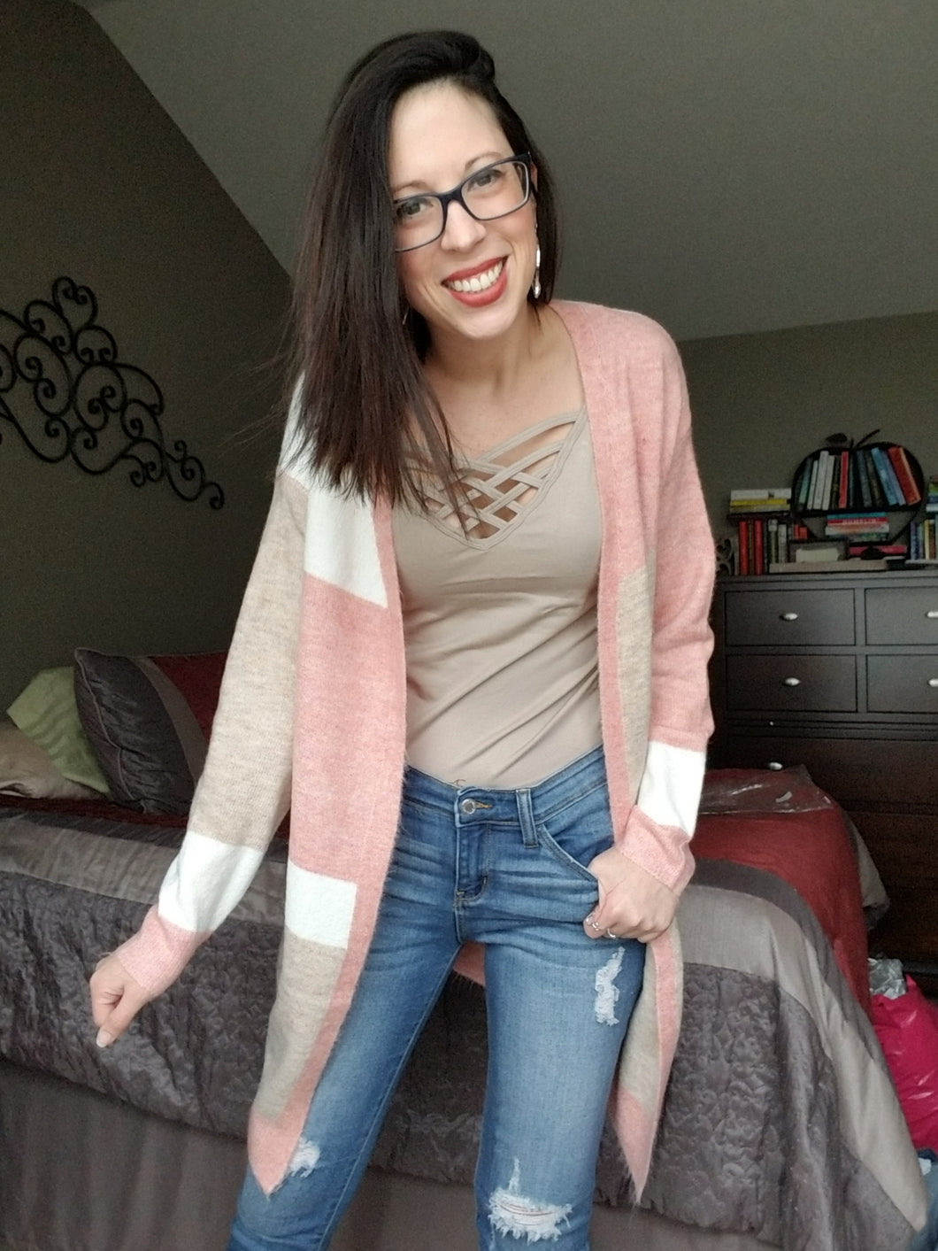 Pink & Tan Plaid Cardigan