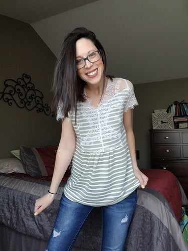 Olive Striped Lace Top