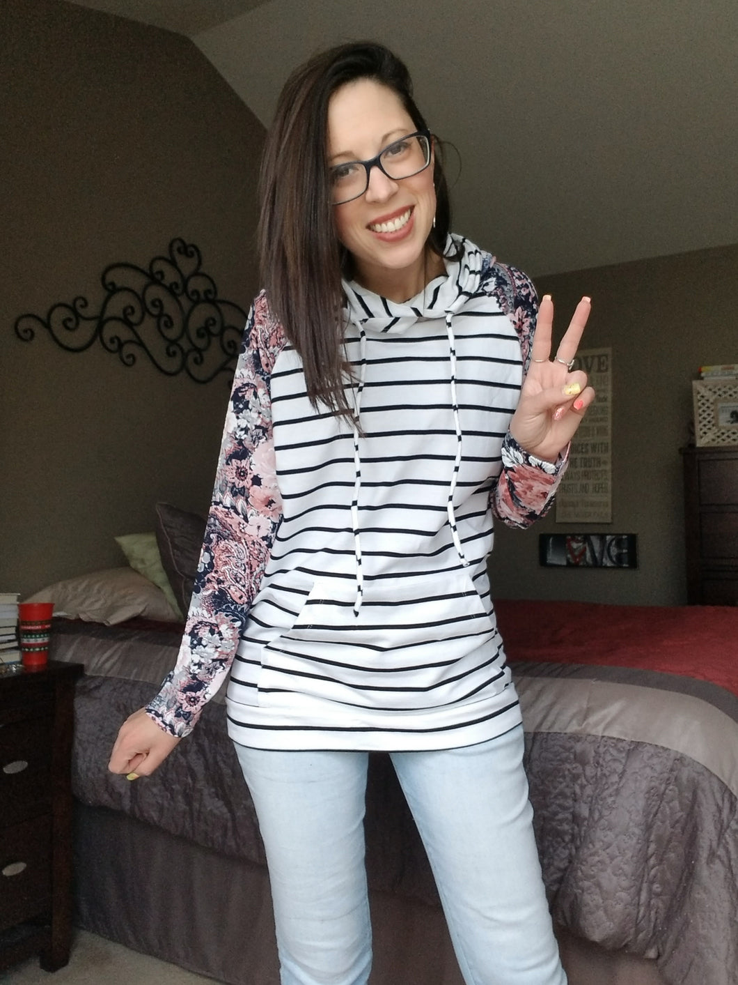 Black & White Striped Floral Hoodie
