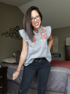 Striped Floral Embroidered Top