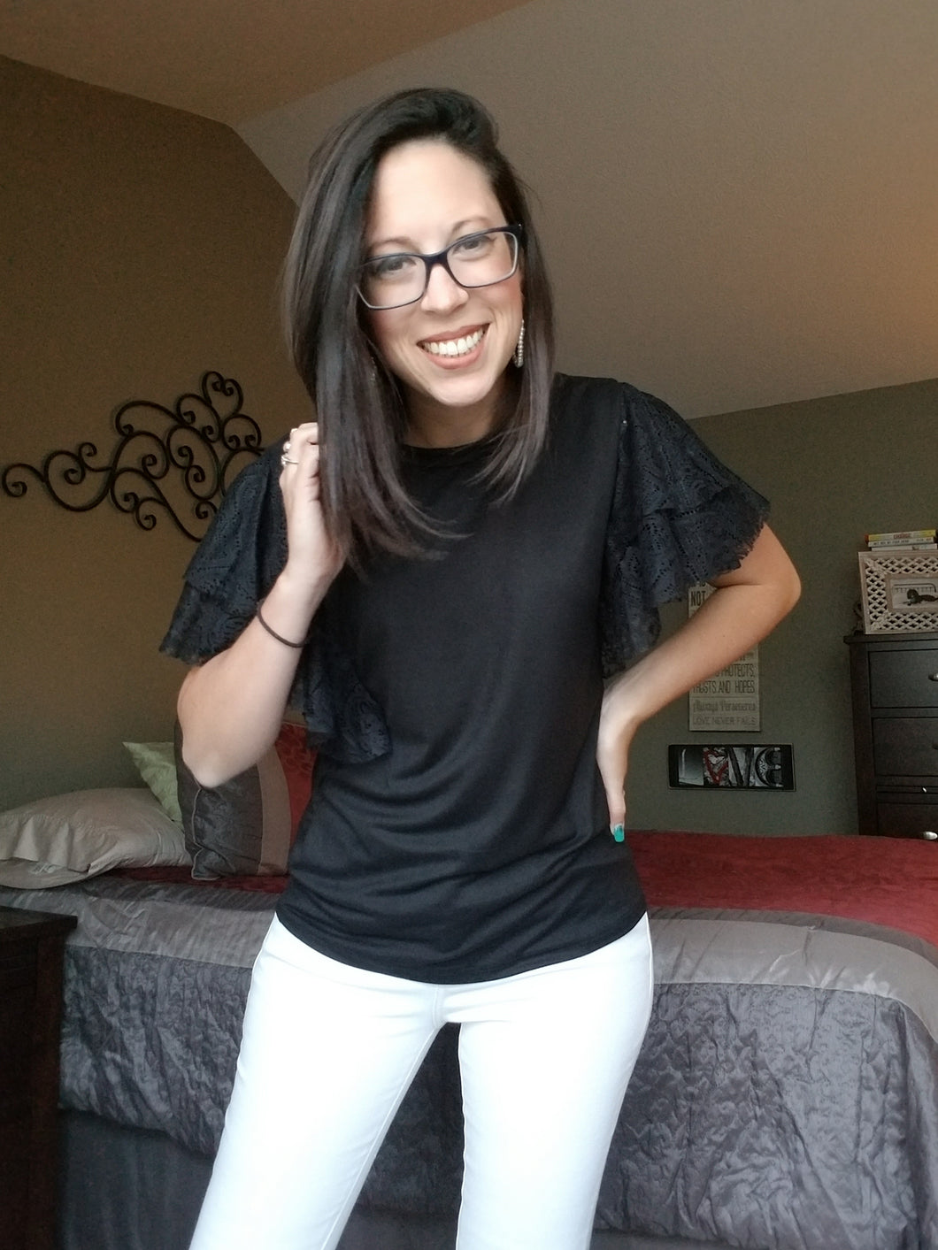 Black Lace Flutter Sleeve Top