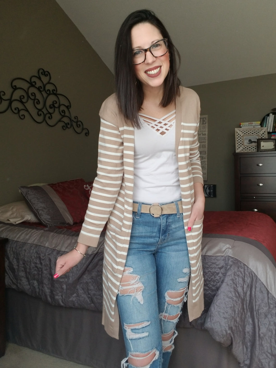 Taupe & White Striped Cardigan