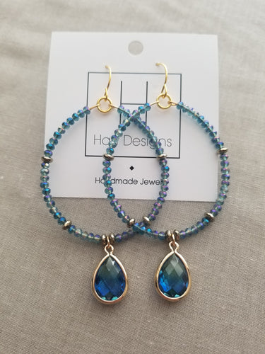 Blue Teardrop Beaded Hoops