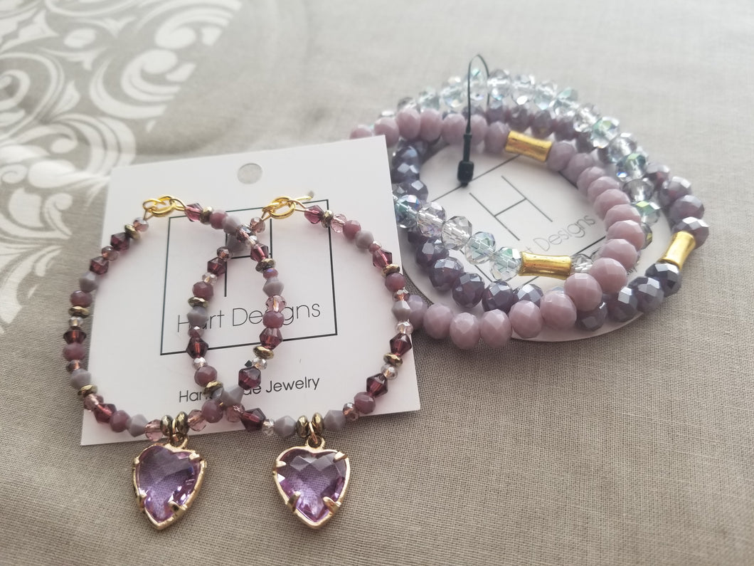 Purple Heart Beaded Hoops & Bracelet Stack