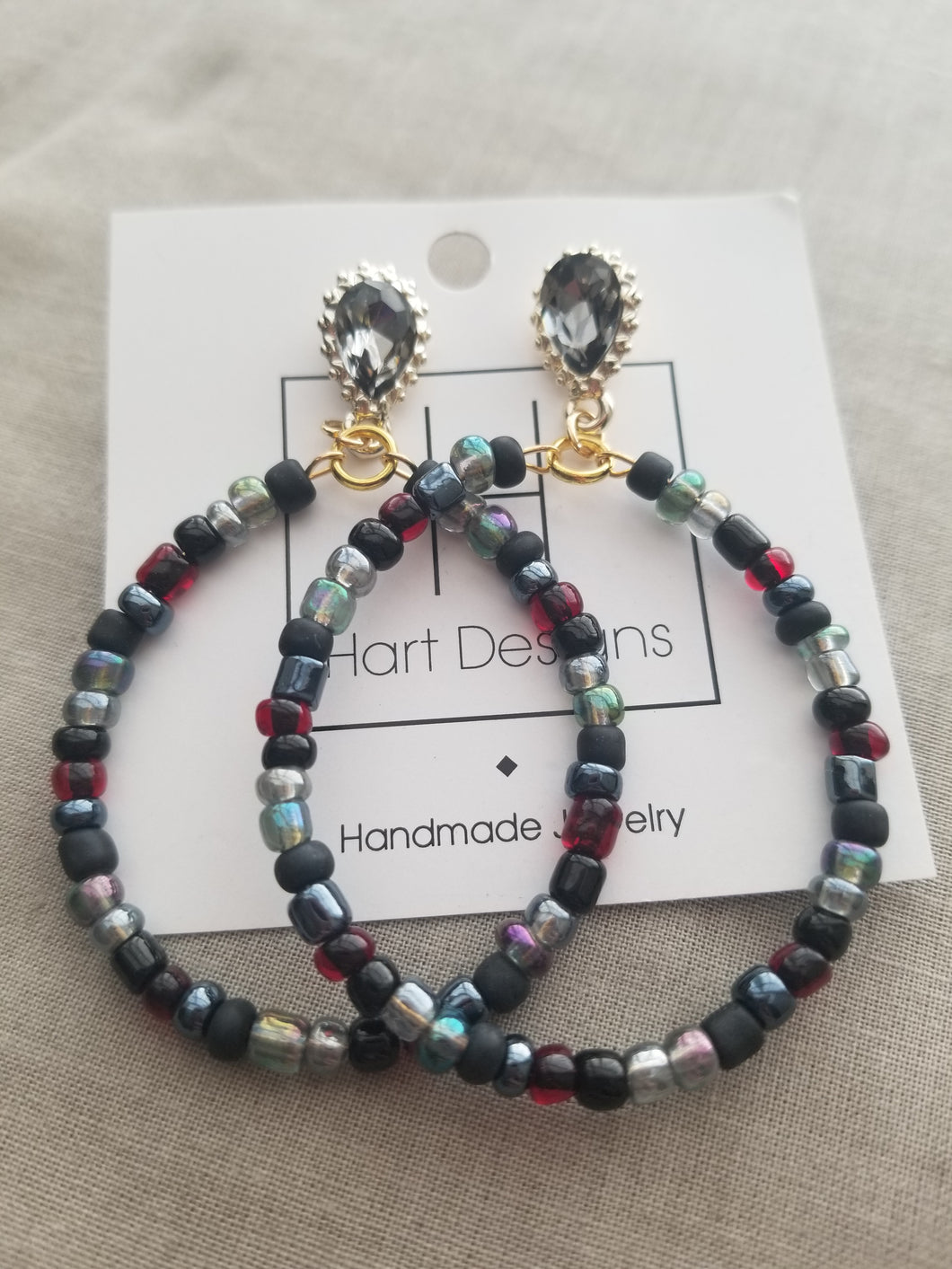 Grey & Red Beaded Hoops