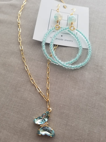 Light Blue Butterfly Necklace & Beaded Hoops