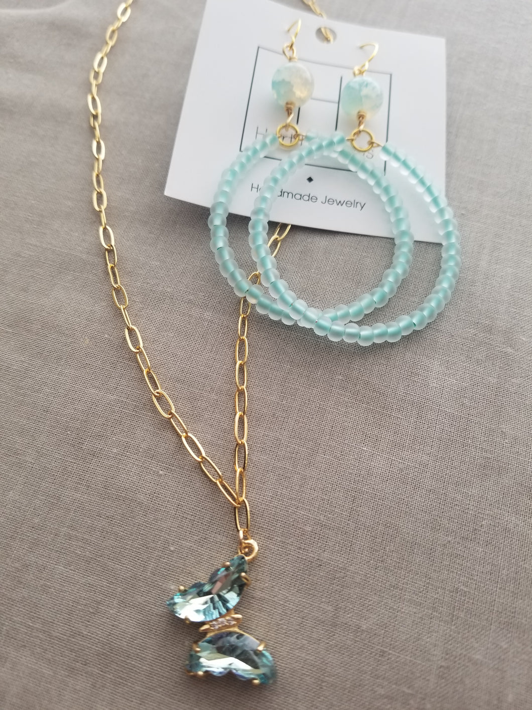 Light Blue Butterfly Necklace & Beaded Hoops