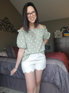 Sage Polka Dot Off the Shoulder Top