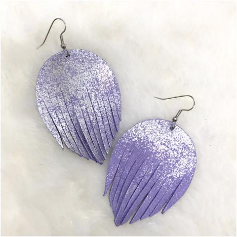 Metallic Purple Feather Leather Earrings