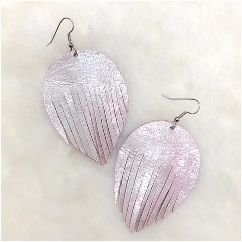 Metallic Pink Feather Leather Earrings