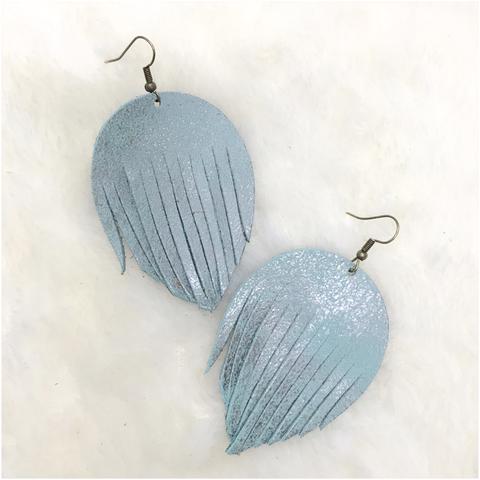 Ice Blue Leather Feather Earrings