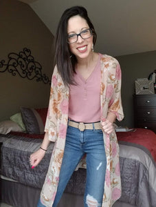 Tan & Rose Floral Kimono