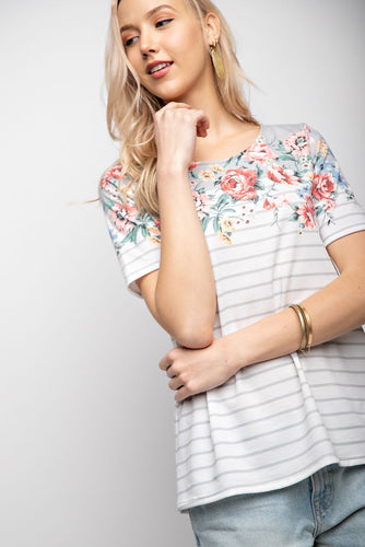 Grey Striped Floral Top