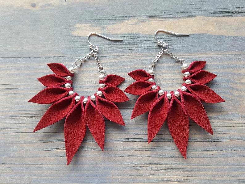 Red Poinsettia Leather Earrings